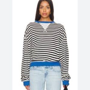 Free People Black & White Striped Sweatshirt with Bright Blue Trim
